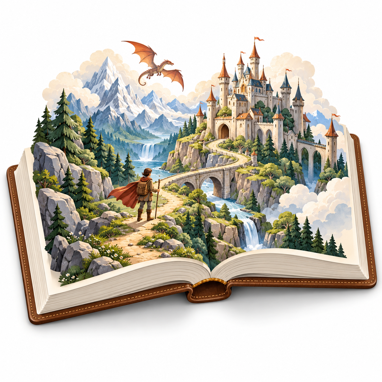 Fantasy pop-up book with a castle, mountains, and a flag